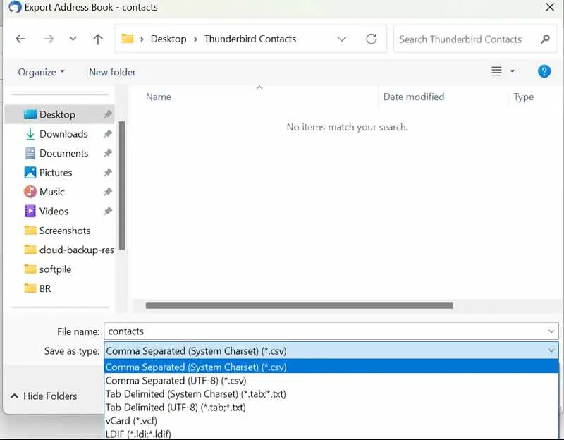 export Thunderbird address book to CSV