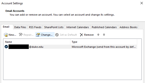 Select the Microsoft Exchange account