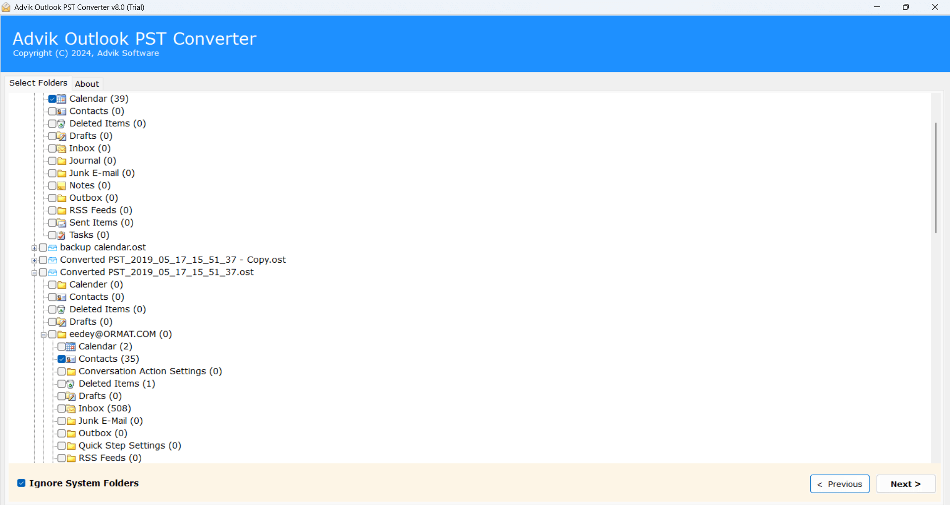 2. Select the Calendars folders