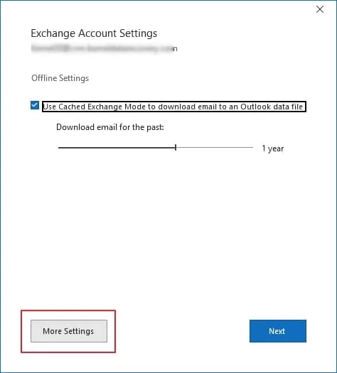 Now, click on More Settings in the Exchange account setting wizard