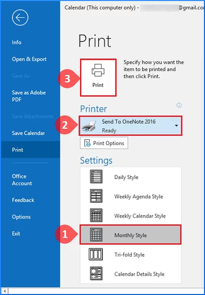 Click Send to OneNote >> Print