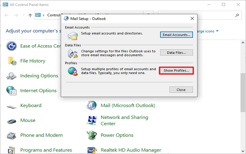 Click on Mail and select Show Profiles
