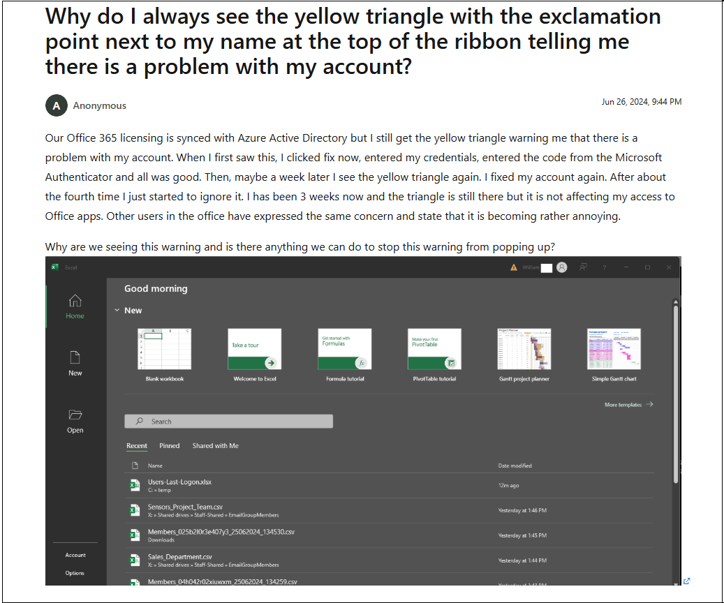 yellow traingle error on Outlook 