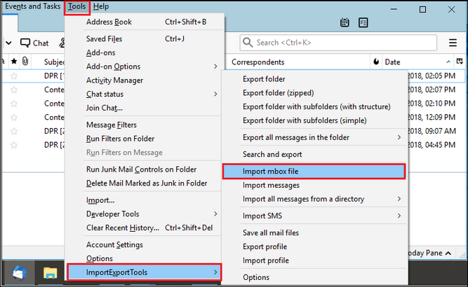 import mbox via thunderbird