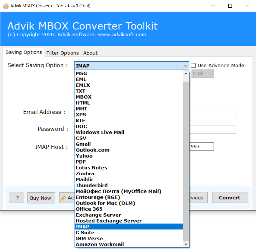 select "IMAP" as the saving option