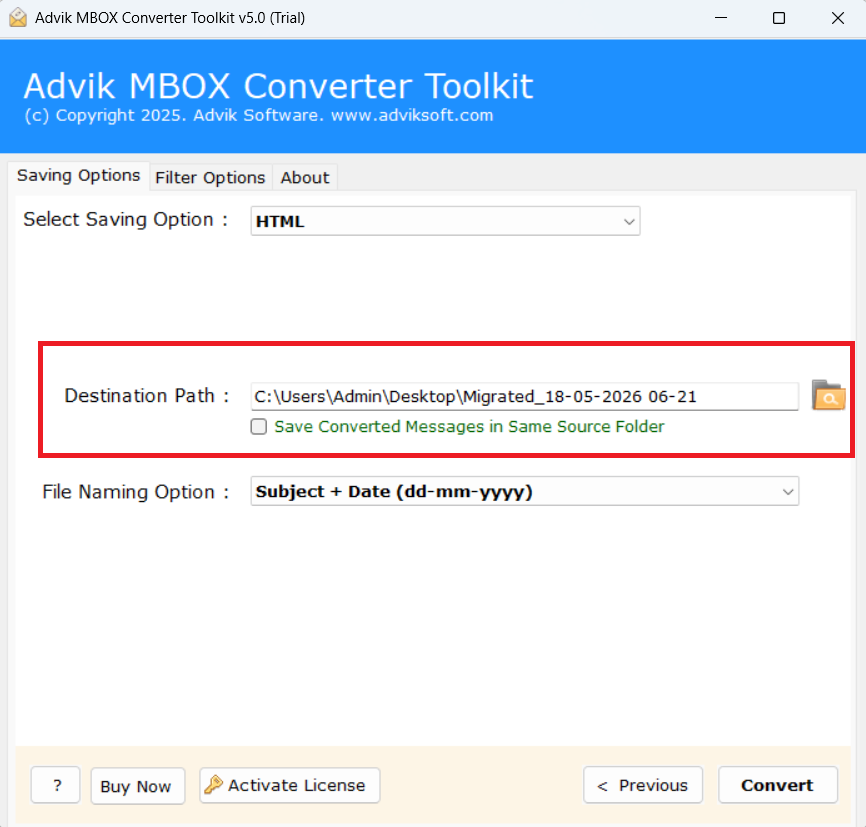Select a destination path to convert mbox to html