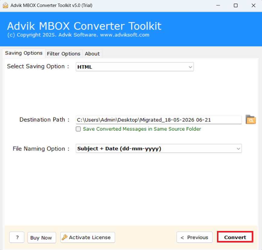 click on the next to convert mbox to html