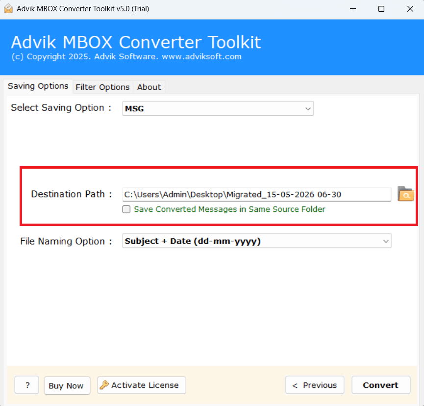 choose destination to convert mbox to msg
