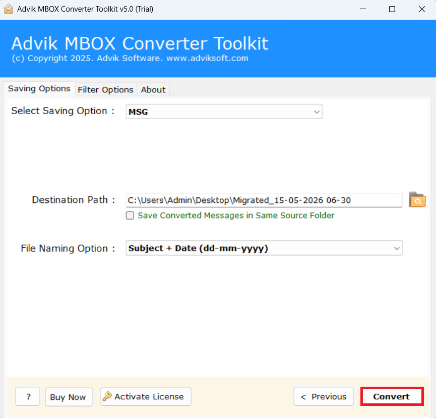 click next to convert mbox to msg