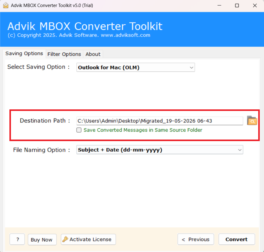 Select the destination location to convert mbox to olm