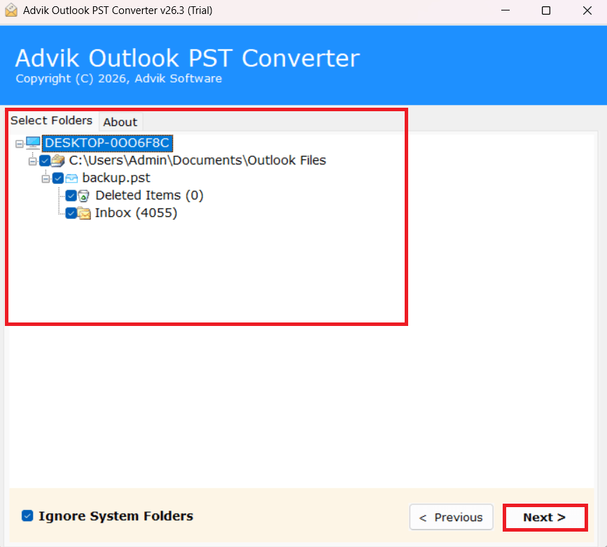 choose the required folders to convert pst to html