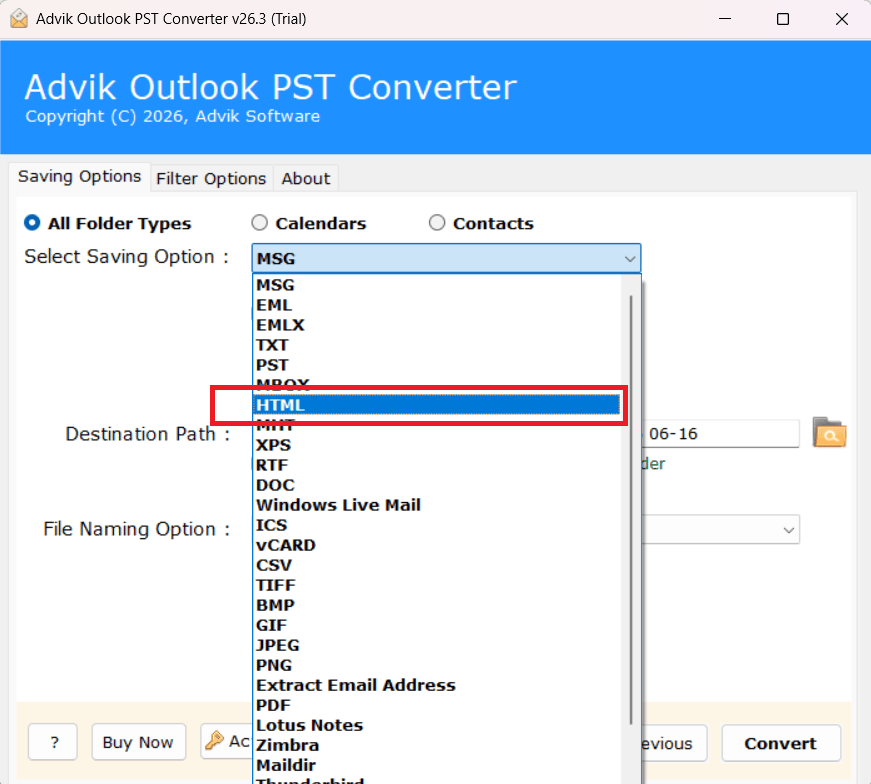 select HTML as a saving option