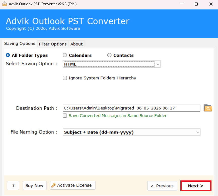 click on the Next to convert pst to html