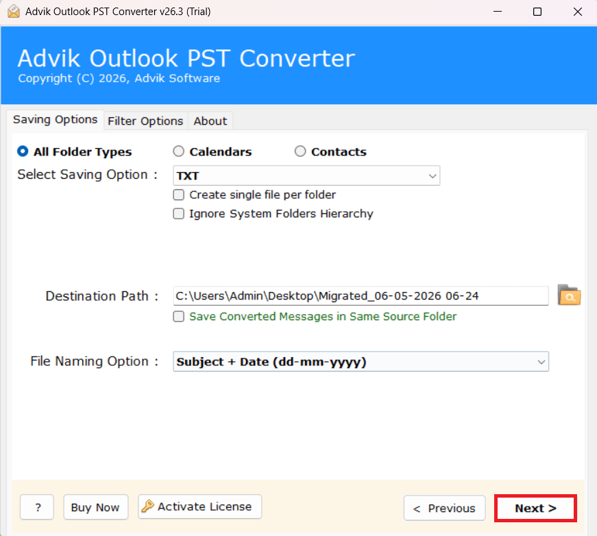 click on the Next to convert pst to html