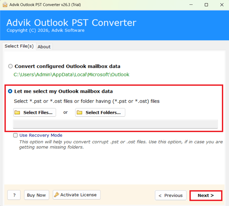 Click on the Select Files or Select Folders option