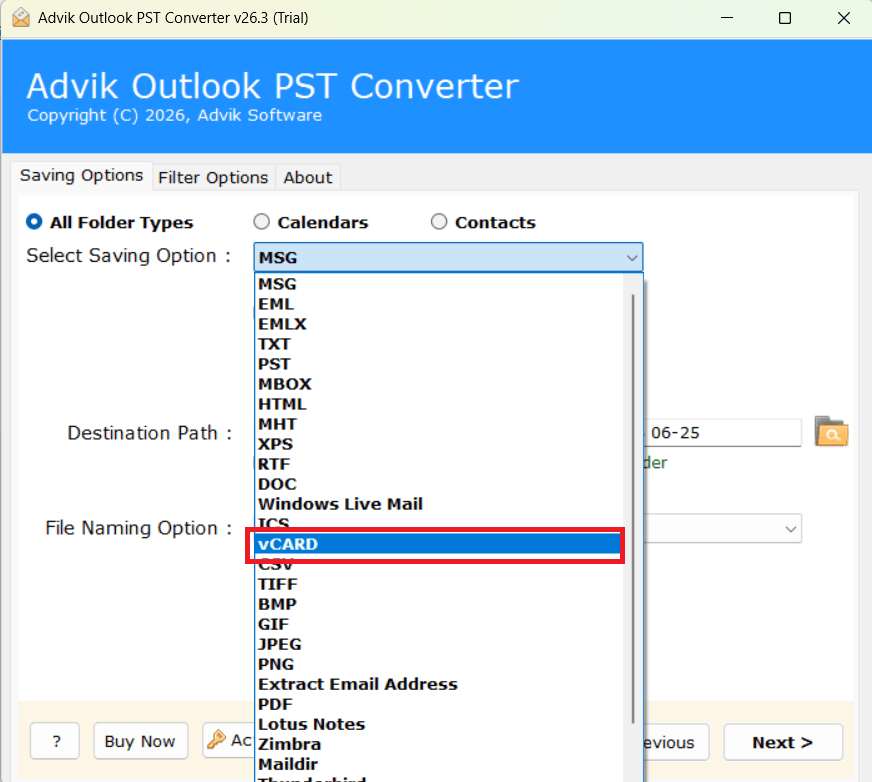 select vCard as the saving option
