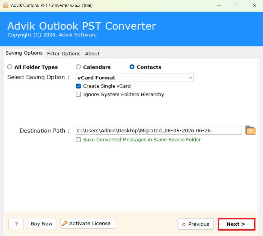 Provide the destination path to convert pst to vcard