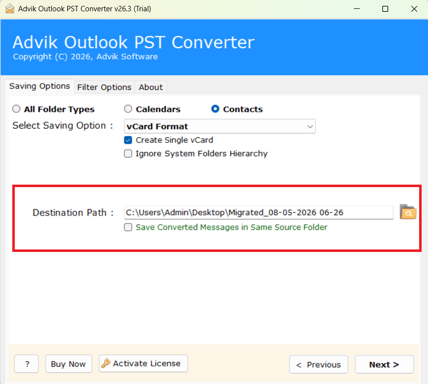 Provide the destination path to convert pst to vcard