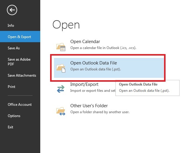 open outlook data file