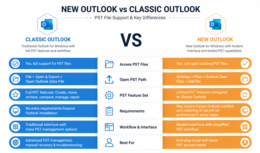 Comparison of New Outlook and Classic Outlook for opening and using PST files