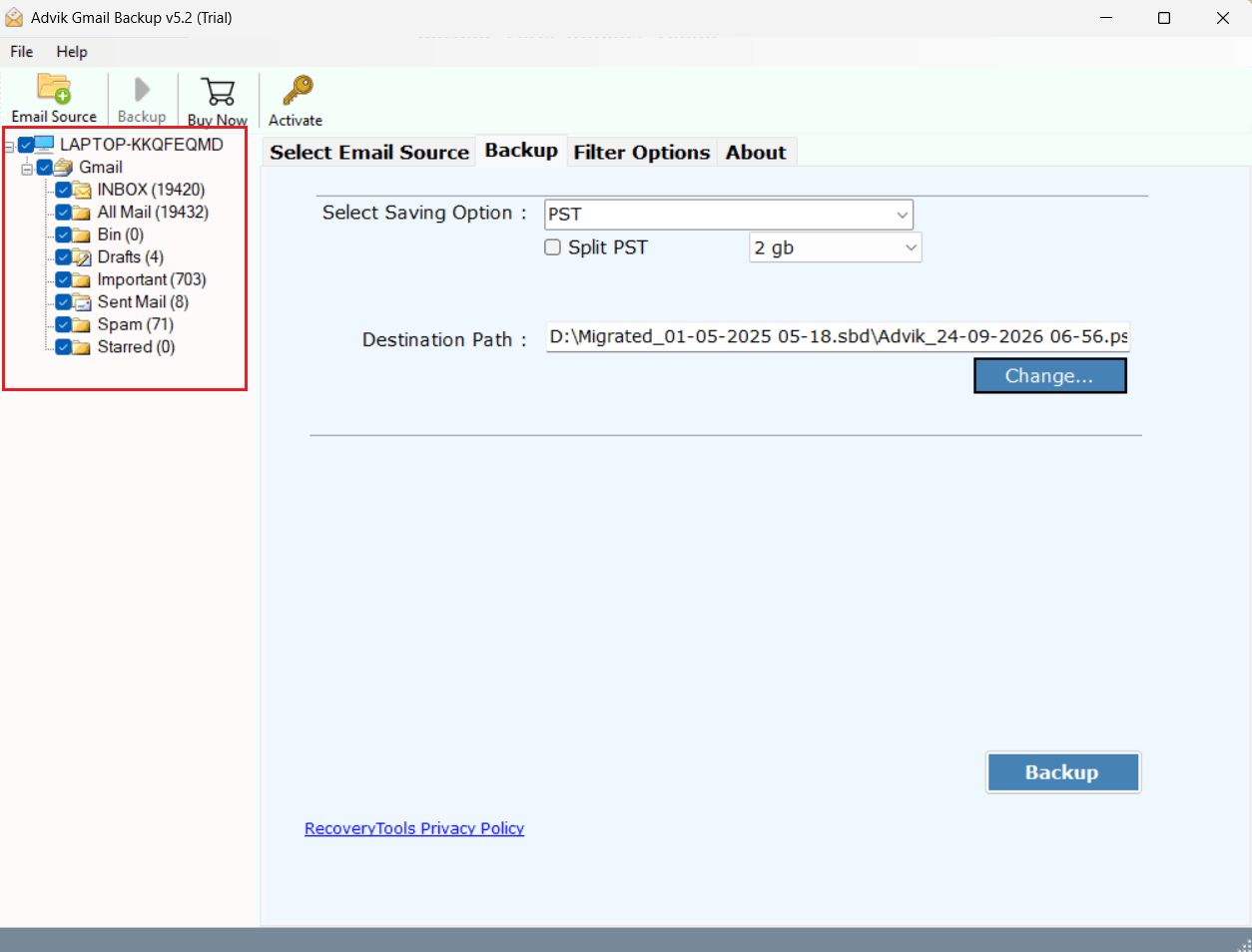 Select the Gmail email folders
