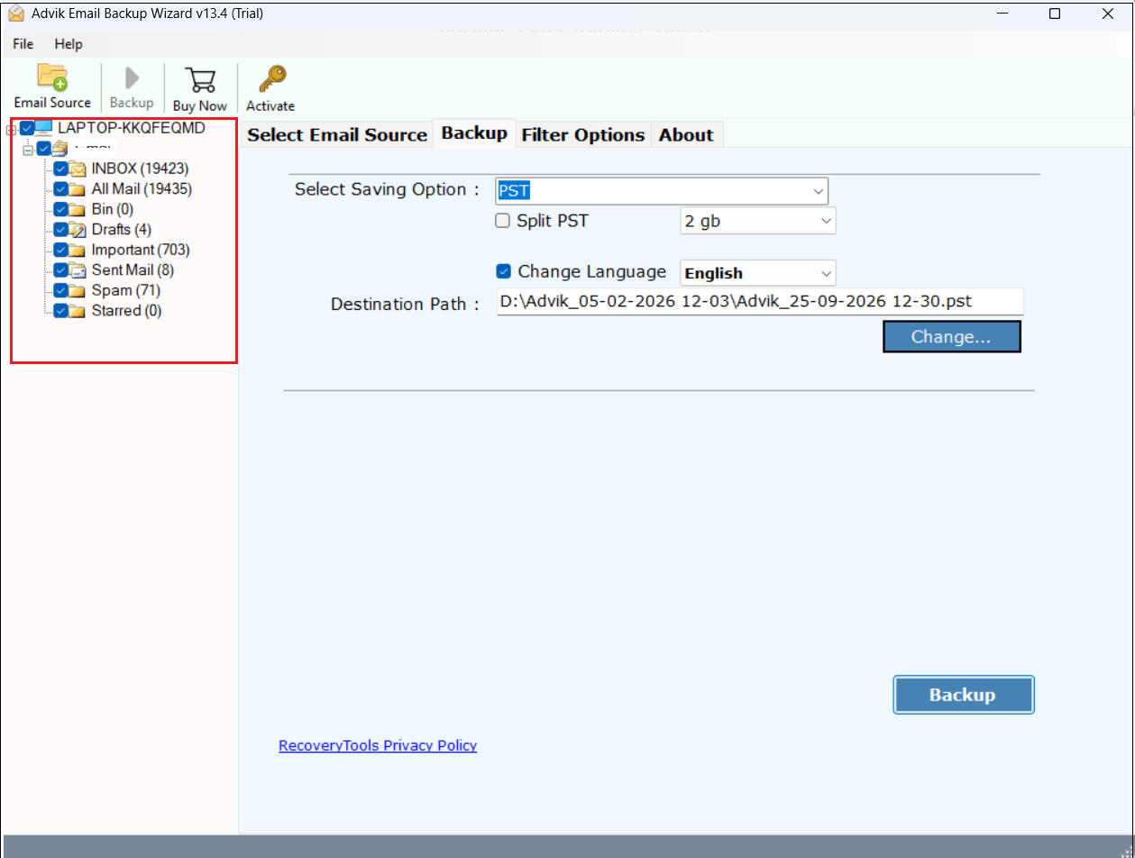 choose the required mailbox folders
