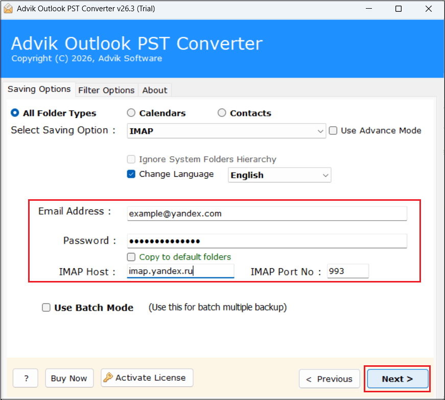 Enter Yandex.Mail IMAP credentials