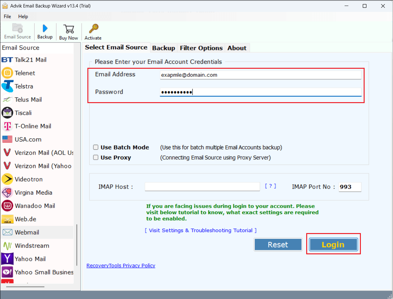 Enter your Webmail account login credentials