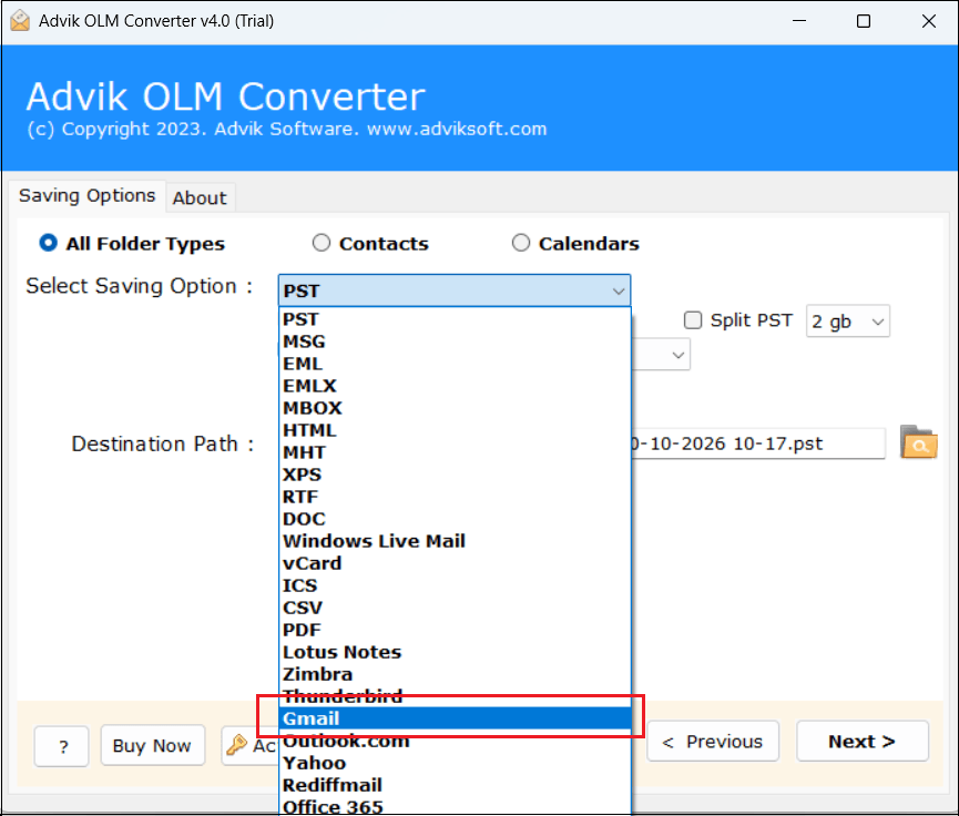 Select Gmail as a saving option