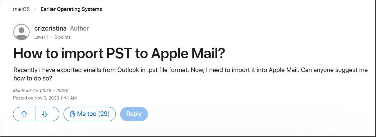 Screenshot of an Apple Support Community user asking how to import a PST file into Apple Mail
