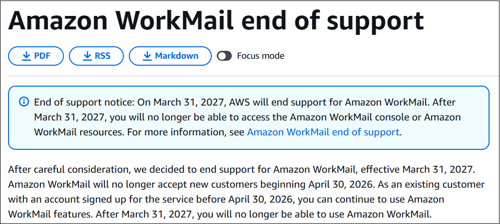 Amazon WorkMail End of Support