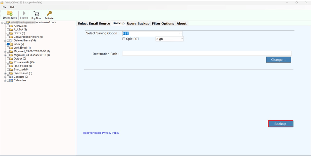 Click Backup to start exporting Office 365 mailboxes into pst