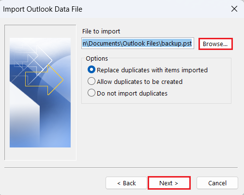 Browse to select Outlook PST file for import