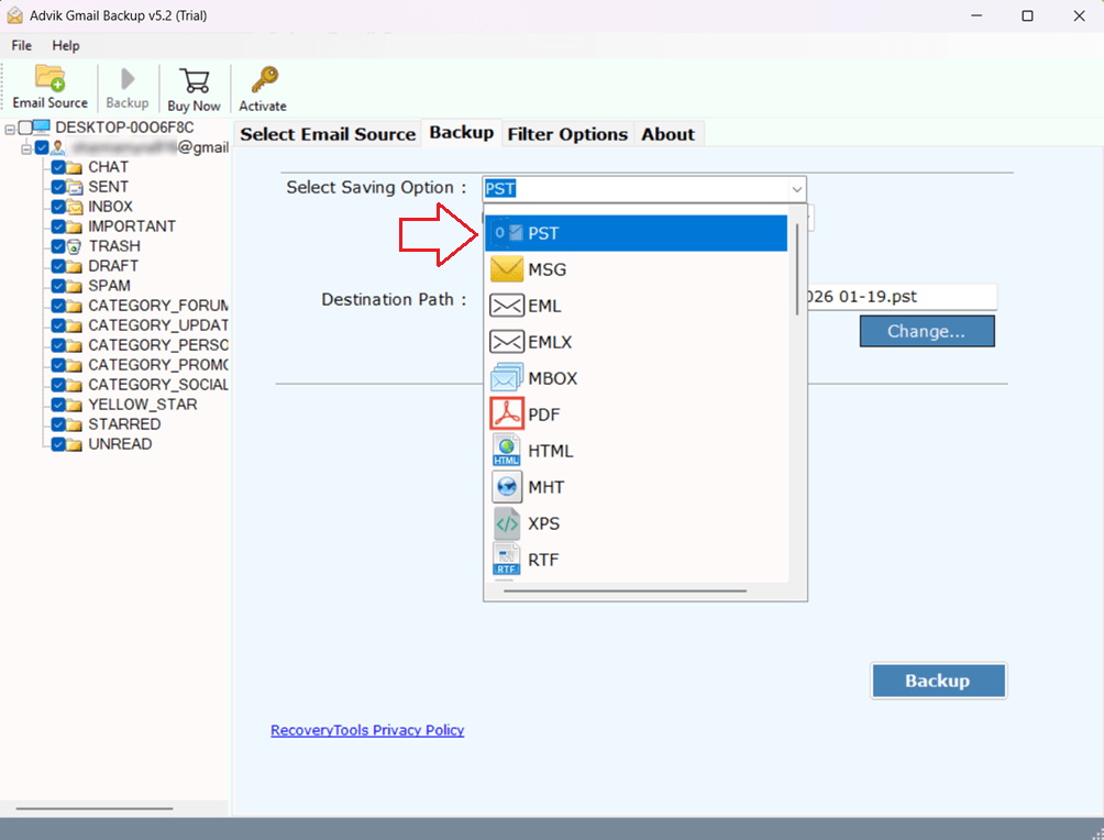 choose pst file format