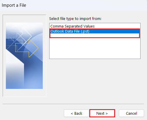 Choose Outlook Data File (.pst) as import file type