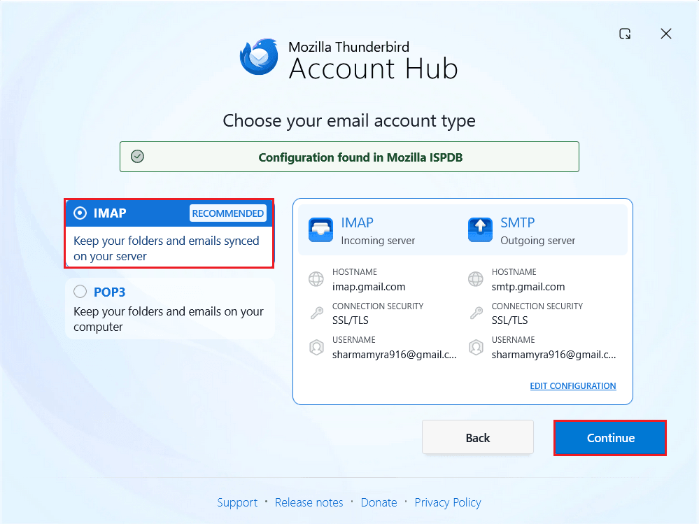 choose imap and click continue