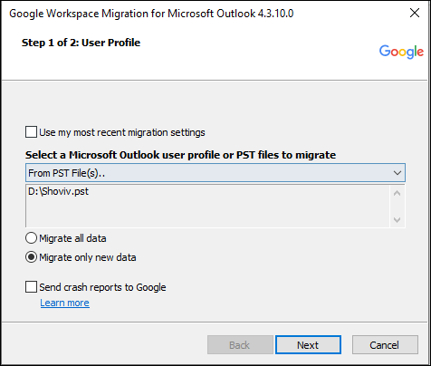Browse and select Outlook PST file in GWMMO