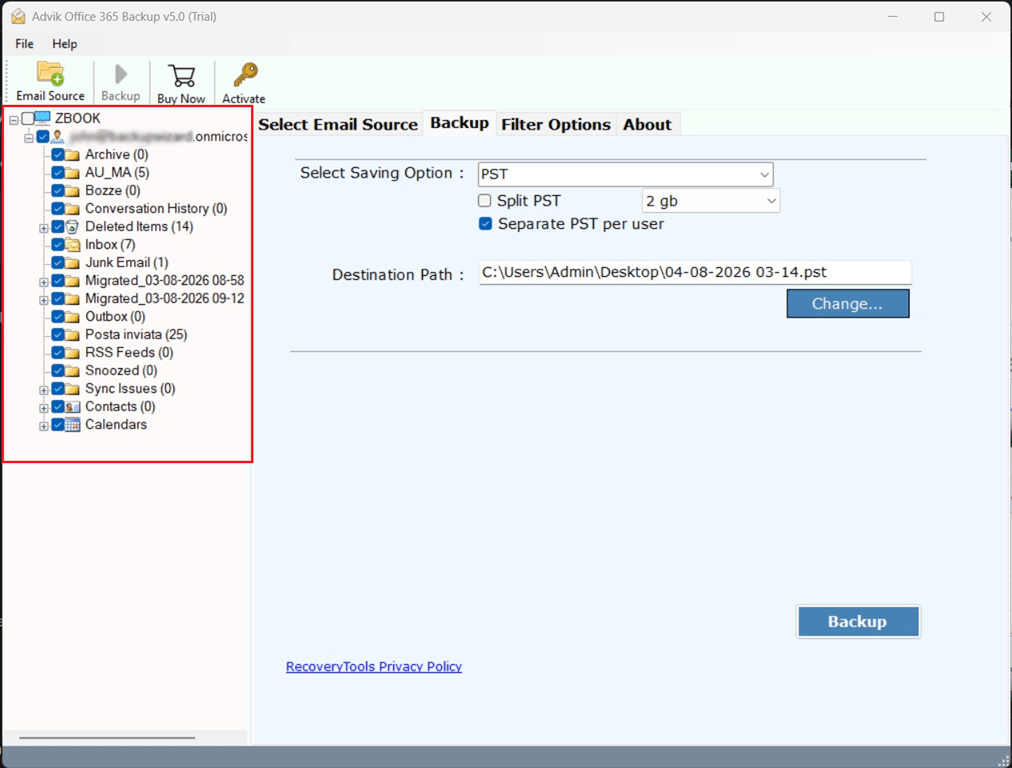 Select the mailbox or folders