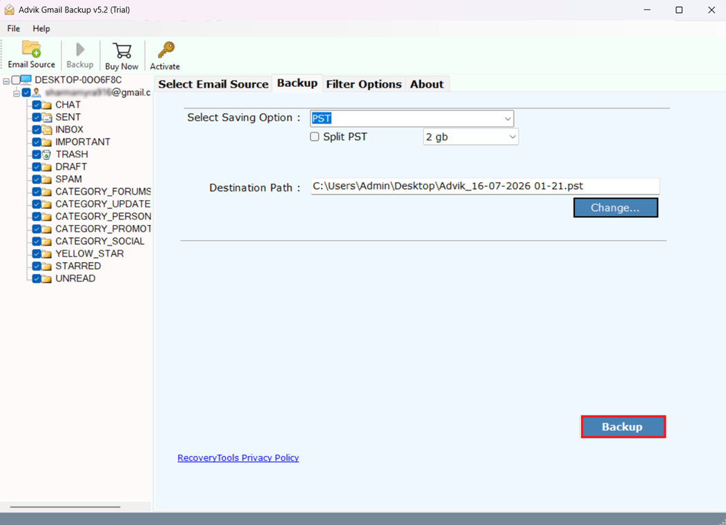 click backup button to start exporting gmail into pst