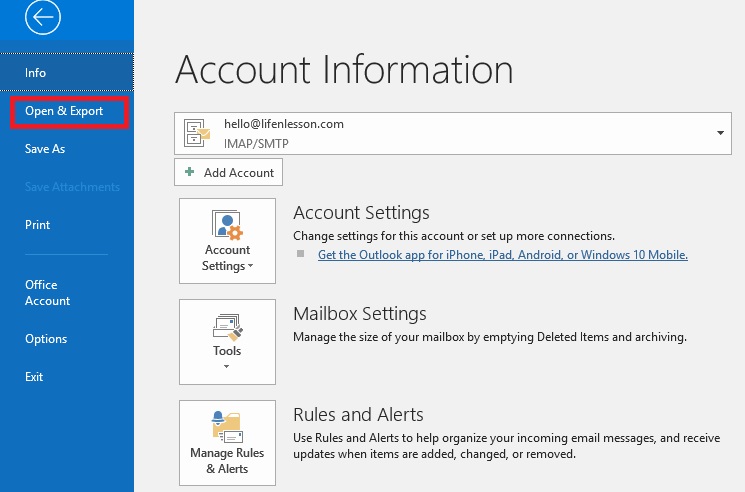 click File Menu > Open & Export.