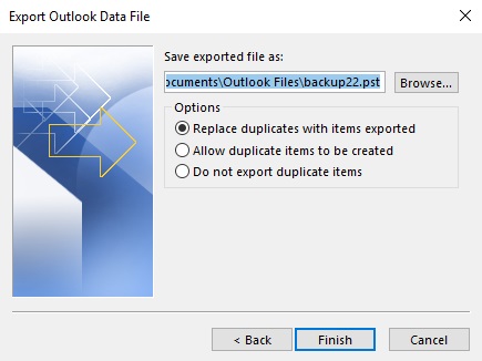 click finish button to export gmail into pst file