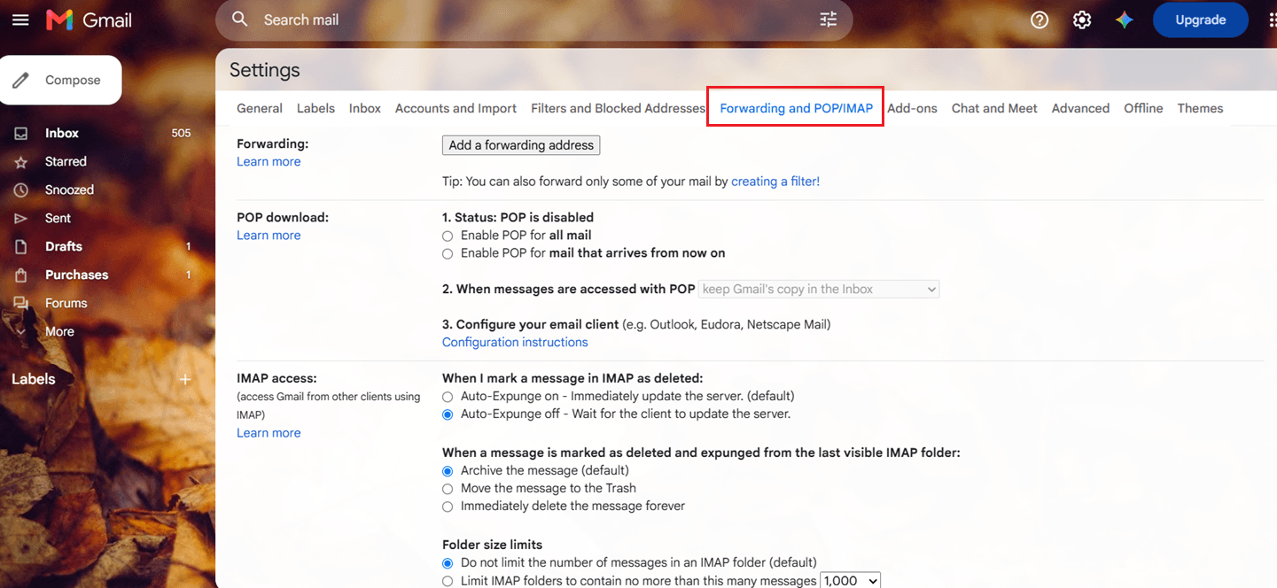 click forwarding and pop imap
