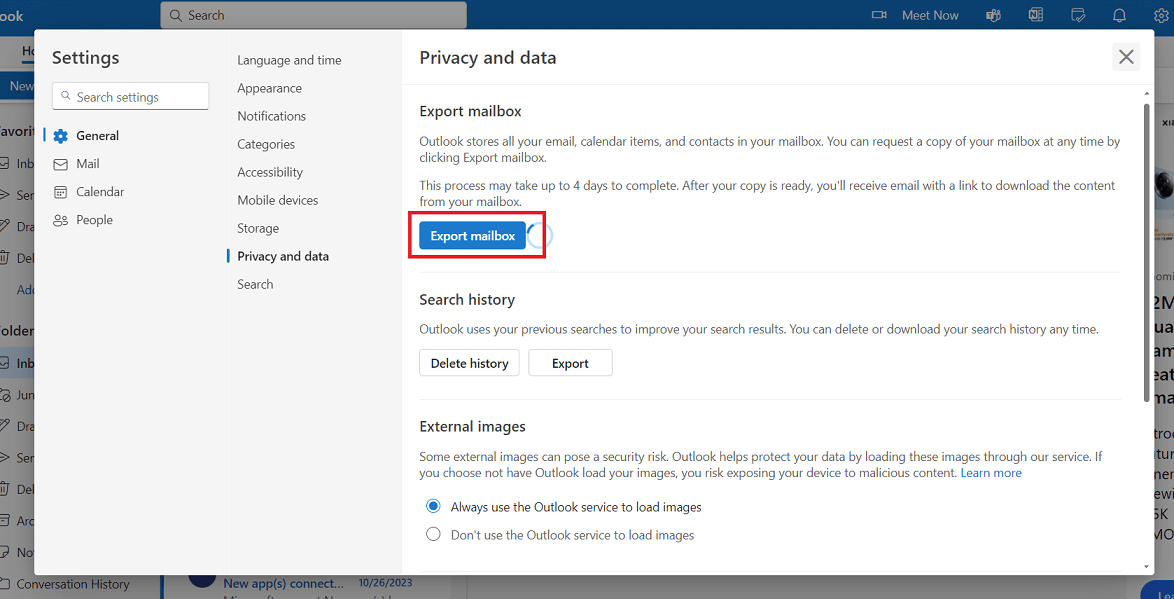 Click on Export mailbox