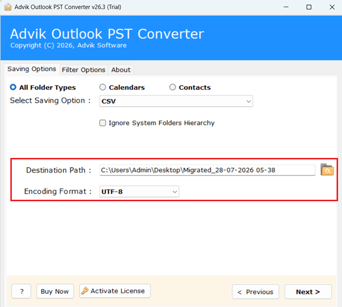 select destination and encoding format