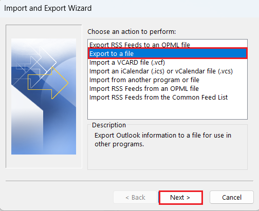 Choose the Export to a file option