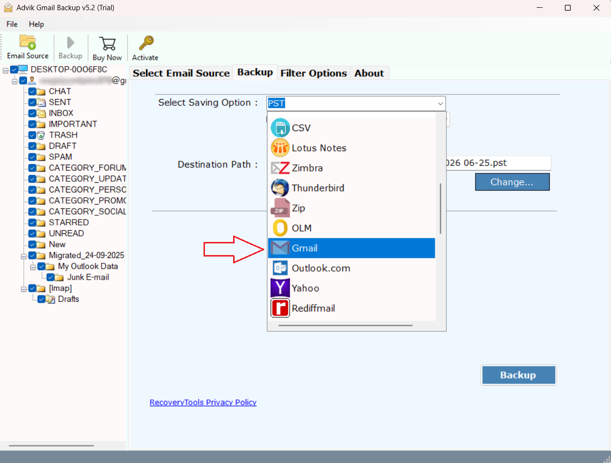 choose gmail as a saving option