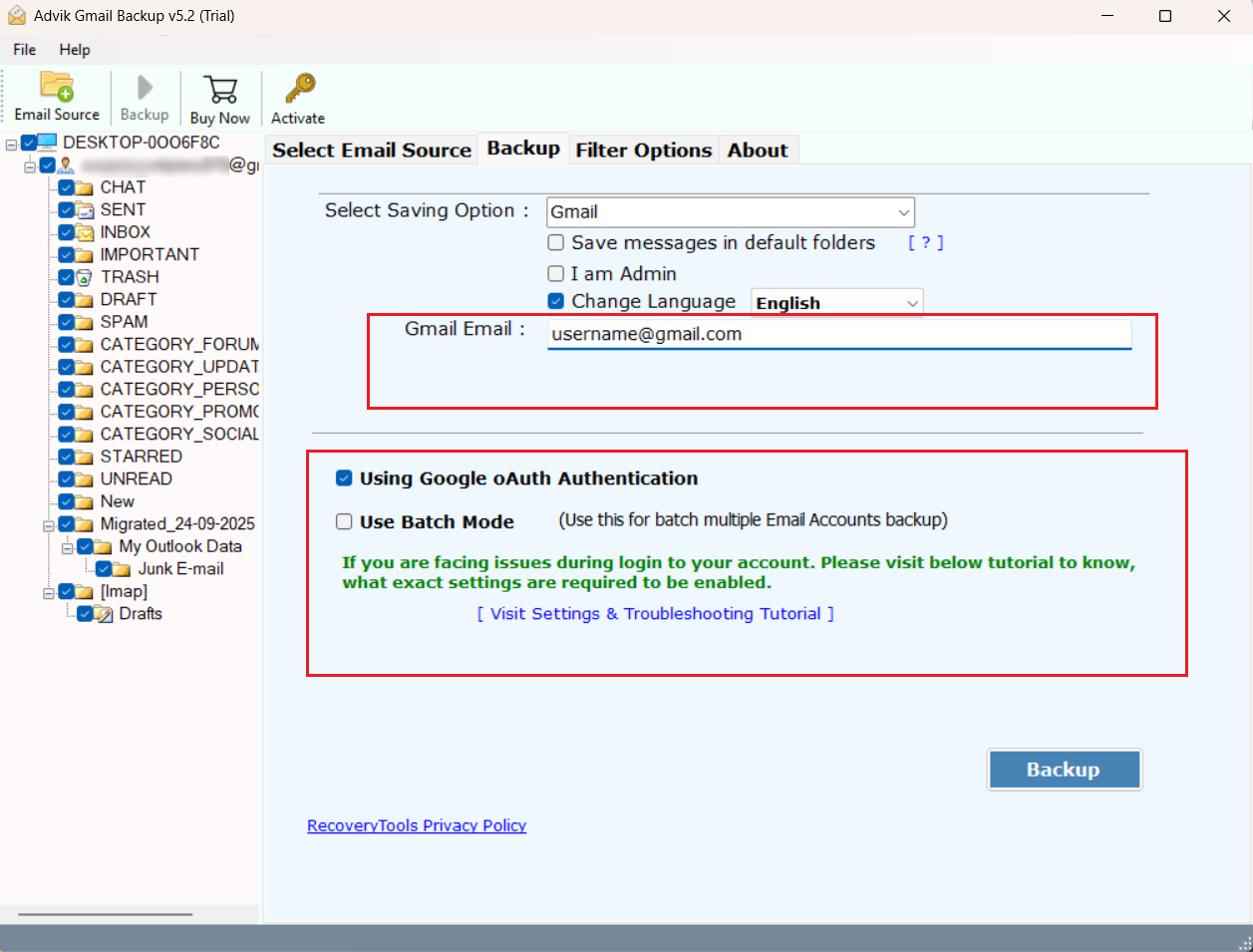 Enter the Gmail credentials