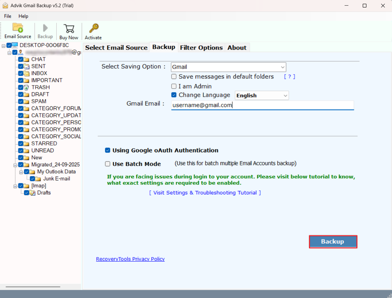 click backup to move gmail folders to another account