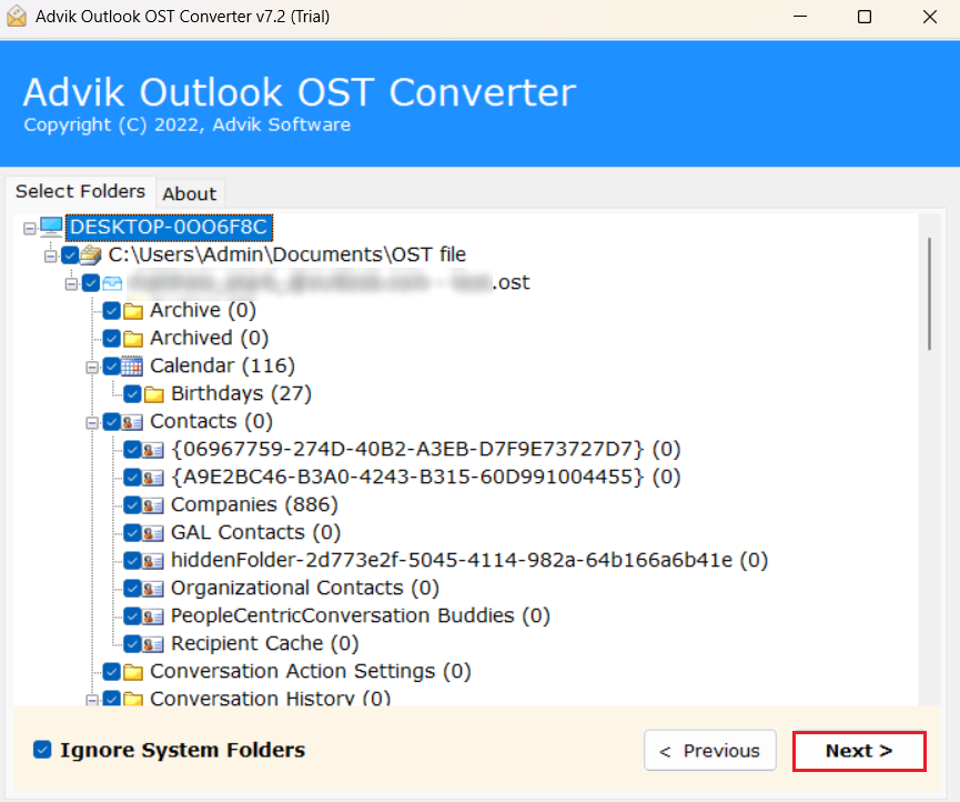 Review the folders displayed by the software