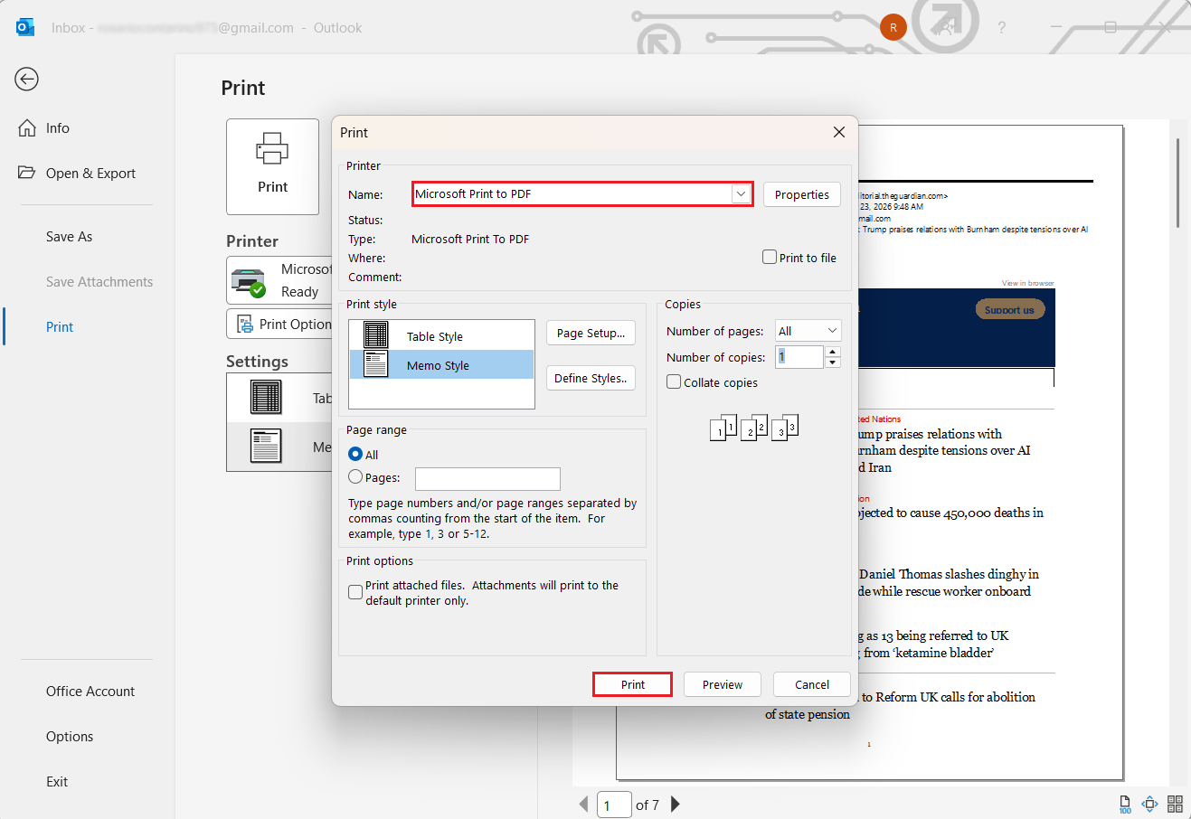 click print to convert outlook emails to pdf
